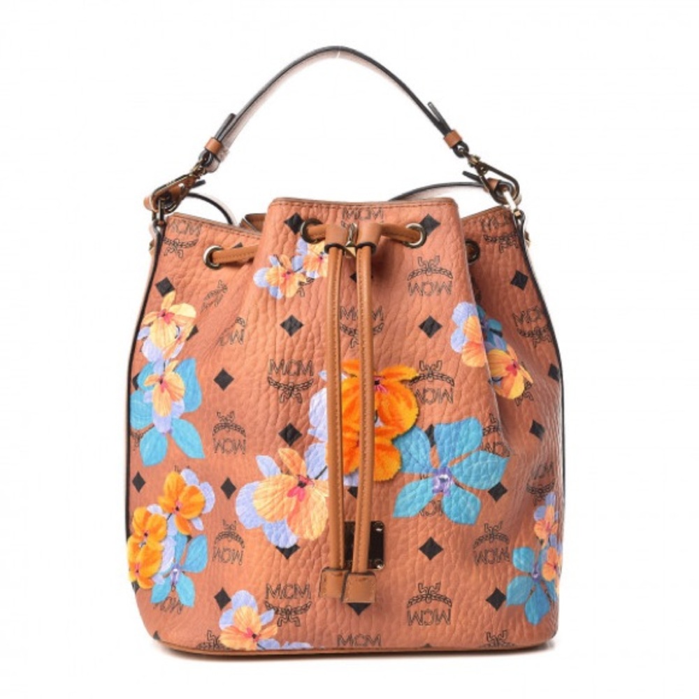 MCM Visetos Tan Hobo Bag Tote with Blue and Orange Floral Design Cognac